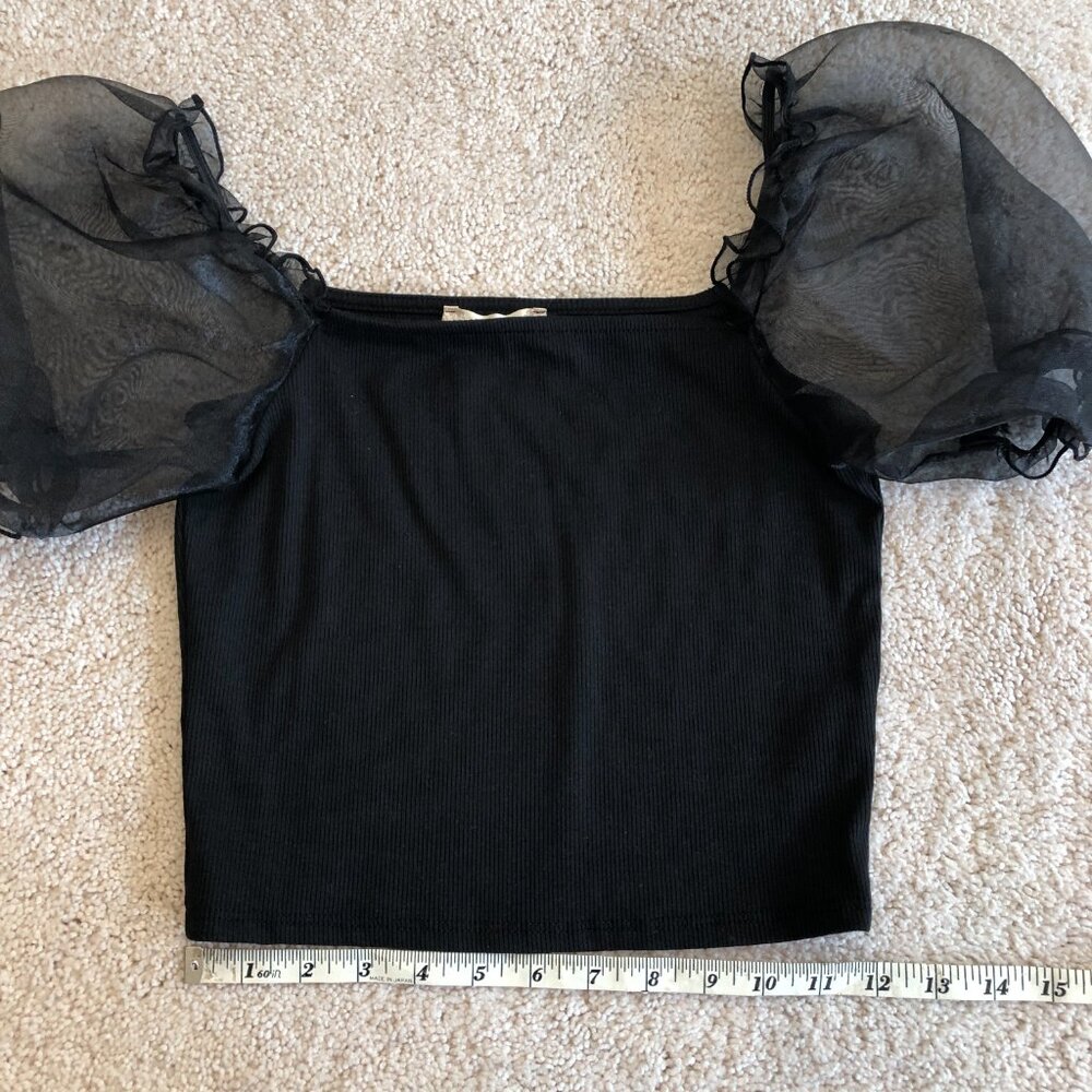 NWOT Altar'd State Black Sheer Puffy Sleeve Ribbed Crop Top Shirt Blouse - Picture 7 of 10